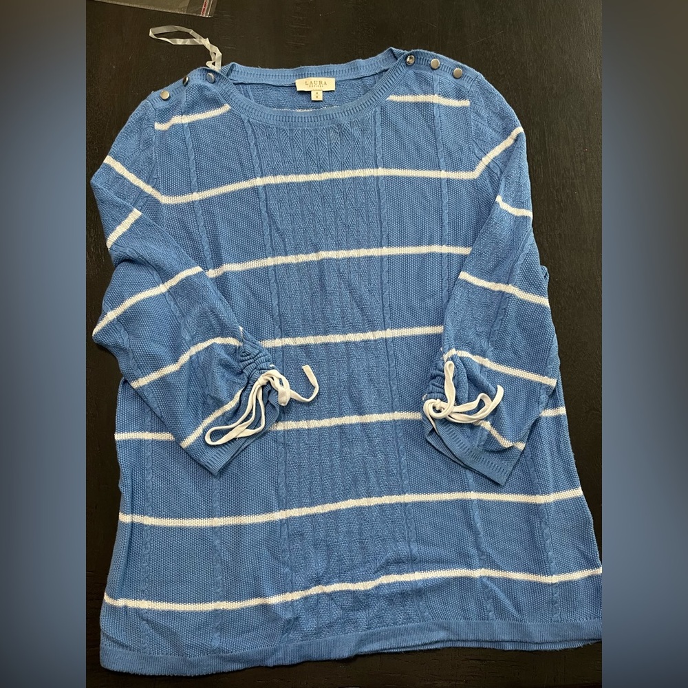 Blue and White‎ 3/4 tie Sleeve Knitted Womens Sweater Laura Petites Medium